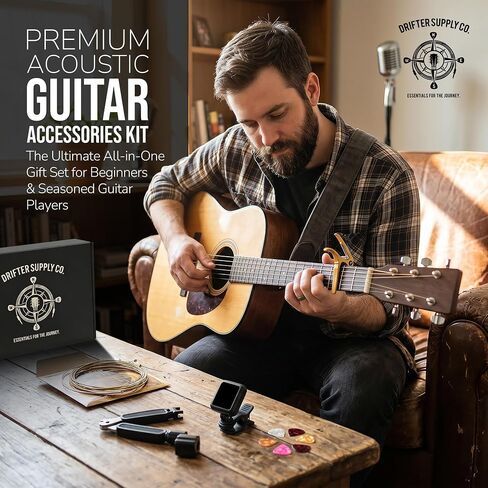 Acoustic Guitar Accessories Kit – Complete Starter Bundle with USB Rechargeable Tuner, Capo, Denim Strap, Strings, Picks, Winder & Humidifier | Guitar Gift for Beginners | Drifter Supply Co. in Kuwait
