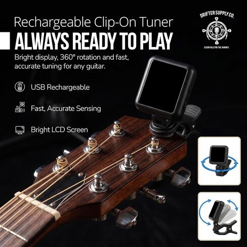 Acoustic Guitar Accessories Kit – Complete Starter Bundle with USB Rechargeable Tuner, Capo, Denim Strap, Strings, Picks, Winder & Humidifier | Guitar Gift for Beginners | Drifter Supply Co. in Kuwait
