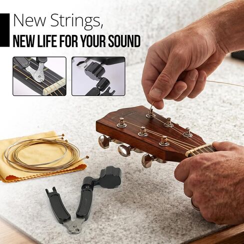 Acoustic Guitar Accessories Kit – Complete Starter Bundle with USB Rechargeable Tuner, Capo, Denim Strap, Strings, Picks, Winder & Humidifier | Guitar Gift for Beginners | Drifter Supply Co. in Kuwait