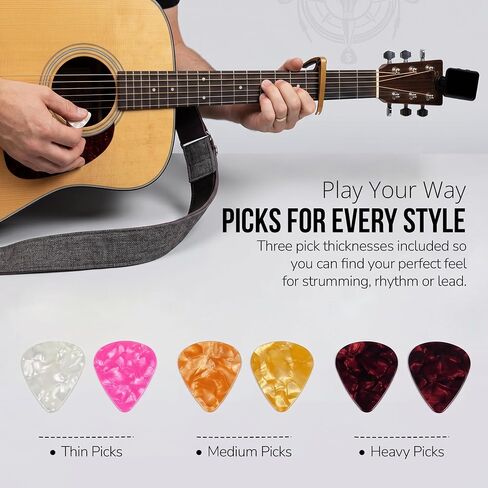 Acoustic Guitar Accessories Kit – Complete Starter Bundle with USB Rechargeable Tuner, Capo, Denim Strap, Strings, Picks, Winder & Humidifier | Guitar Gift for Beginners | Drifter Supply Co. in Kuwait