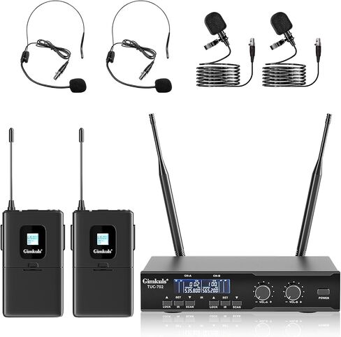 نظام ميكروفون سماعة رأس لاسلكي 4 في 1 من Gimkuls، مجموعة ميكروفون لاسلكي مزدوج UHF مع 2 حقيبة للجسم، 2 ميكروفونات لسماعات الرأس، 2 ميكروفونات طية صدر السترة، 200 قناة، XLR/6.35 مم للكنيسة، التدريس، اللياقة البدنية in Kuwait