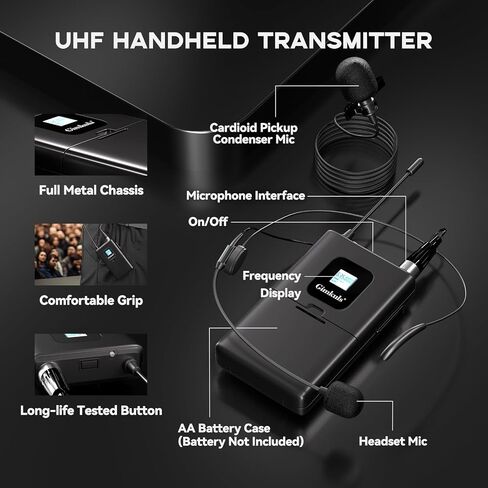 نظام ميكروفون سماعة رأس لاسلكي 4 في 1 من Gimkuls، مجموعة ميكروفون لاسلكي مزدوج UHF مع 2 حقيبة للجسم، 2 ميكروفونات لسماعات الرأس، 2 ميكروفونات طية صدر السترة، 200 قناة، XLR/6.35 مم للكنيسة، التدريس، اللياقة البدنية in Kuwait