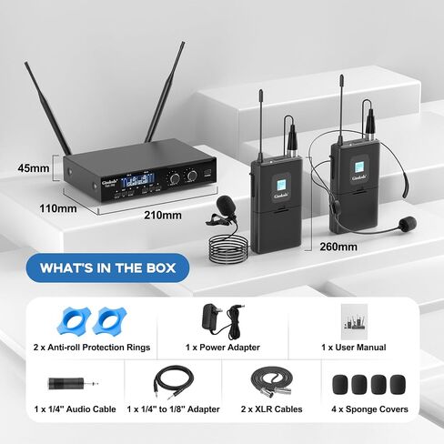 نظام ميكروفون سماعة رأس لاسلكي 4 في 1 من Gimkuls، مجموعة ميكروفون لاسلكي مزدوج UHF مع 2 حقيبة للجسم، 2 ميكروفونات لسماعات الرأس، 2 ميكروفونات طية صدر السترة، 200 قناة، XLR/6.35 مم للكنيسة، التدريس، اللياقة البدنية in Kuwait