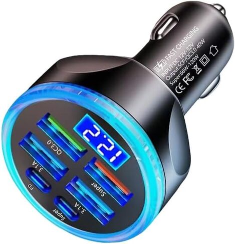 Multi Port USB C Car Charger Adapter مع عرض الجهد PD 30W 6 منافذ فائقة شحن سجائر أخف وزنا مع فولت متر 2 USB-C لجهاز Macbook iPhone 16/15/14/13/12 هواتف Galaxy Android in Kuwait
