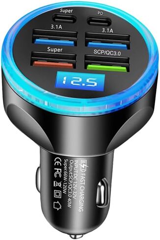 Multi Port USB C Car Charger Adapter مع عرض الجهد PD 30W 6 منافذ فائقة شحن سجائر أخف وزنا مع فولت متر 2 USB-C لجهاز Macbook iPhone 16/15/14/13/12 هواتف Galaxy Android in Kuwait