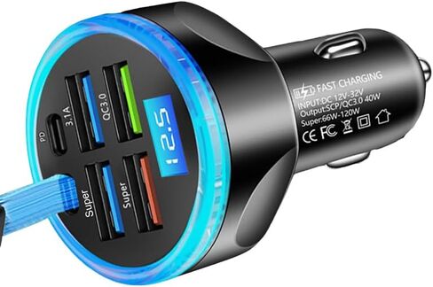 Multi Port USB C Car Charger Adapter مع عرض الجهد PD 30W 6 منافذ فائقة شحن سجائر أخف وزنا مع فولت متر 2 USB-C لجهاز Macbook iPhone 16/15/14/13/12 هواتف Galaxy Android in Kuwait