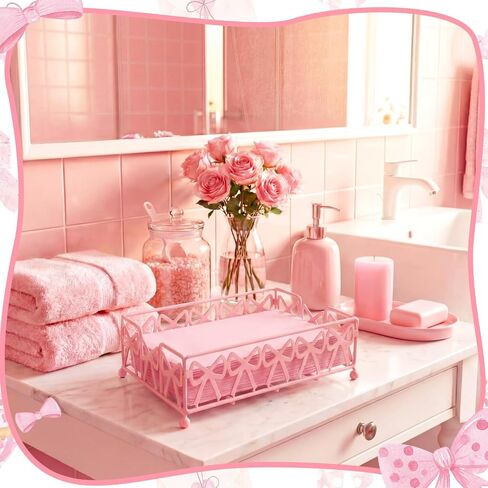 صينية رف مناشف الضيوف من Hushee Pink Bow، مناسبة للحمام - رف تخزين المناشف للاستعمال مرة واحدة، ملحقات الحمام للديكور الحديث، للضيوف لاستخدامها وتزيينها in Kuwait