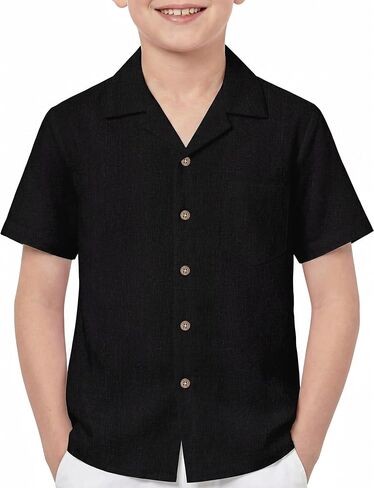 Boys Linen Shirts Button Down Short Sleeve Casual Summer Beach Shirt Cuban Collared Shirt with Pocket in Saudi Arabia