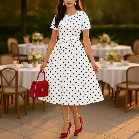 Women’s Polka Dot Midi Dress Short Sleeve Summer Casual Wedding Party in Kuwait