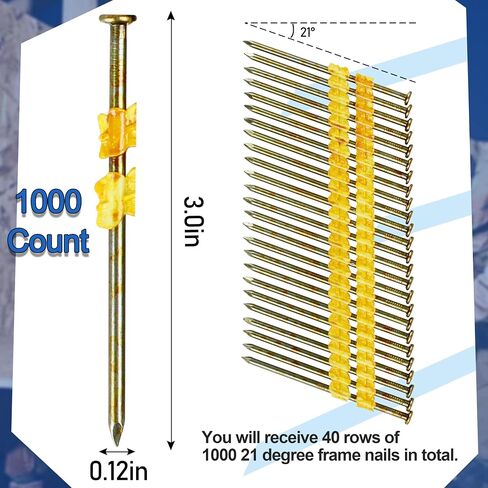 1,000 Count Framing Nails - 3" x 0.120 for Metabo Framing Nail Gun | 21 Degree High-Strength Painted Nails, Smooth Shank, Full Round Head in Kuwait