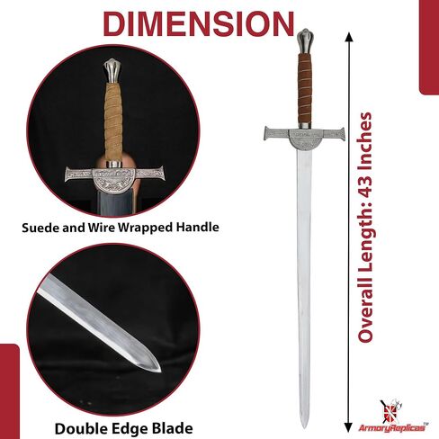 نسخة طبق الأصل من Armory Replicas™ Connor MacLeod Sword من Highlander - شفرة من الفولاذ المقاوم للصدأ، طول 31.25 بوصة، مقبض ملفوف من جلد الغزال والأسلاك، واقي متقاطع معقد مع شارة عائلية، غمد جلدي متضمن in Kuwait