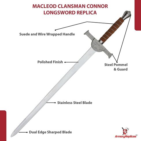 نسخة طبق الأصل من Armory Replicas™ Connor MacLeod Sword من Highlander - شفرة من الفولاذ المقاوم للصدأ، طول 31.25 بوصة، مقبض ملفوف من جلد الغزال والأسلاك، واقي متقاطع معقد مع شارة عائلية، غمد جلدي متضمن in Kuwait