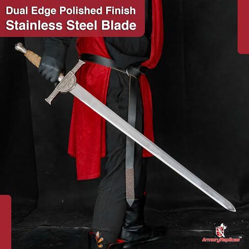 نسخة طبق الأصل من Armory Replicas™ Connor MacLeod Sword من Highlander - شفرة من الفولاذ المقاوم للصدأ، طول 31.25 بوصة، مقبض ملفوف من جلد الغزال والأسلاك، واقي متقاطع معقد مع شارة عائلية، غمد جلدي متضمن in Kuwait