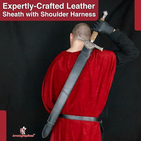 نسخة طبق الأصل من Armory Replicas™ Connor MacLeod Sword من Highlander - شفرة من الفولاذ المقاوم للصدأ، طول 31.25 بوصة، مقبض ملفوف من جلد الغزال والأسلاك، واقي متقاطع معقد مع شارة عائلية، غمد جلدي متضمن in Kuwait