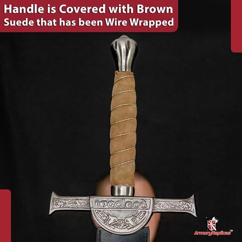 نسخة طبق الأصل من Armory Replicas™ Connor MacLeod Sword من Highlander - شفرة من الفولاذ المقاوم للصدأ، طول 31.25 بوصة، مقبض ملفوف من جلد الغزال والأسلاك، واقي متقاطع معقد مع شارة عائلية، غمد جلدي متضمن in Kuwait