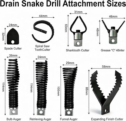Drain Snake Drill Attachment, 9-Piece Root Cutter for Drain Cleaning, Manganese Steel – Compatible with 50-100FT AC Machines, for Pipe Clog Removal, Fits 5/16"-3/4" Cables in Kuwait