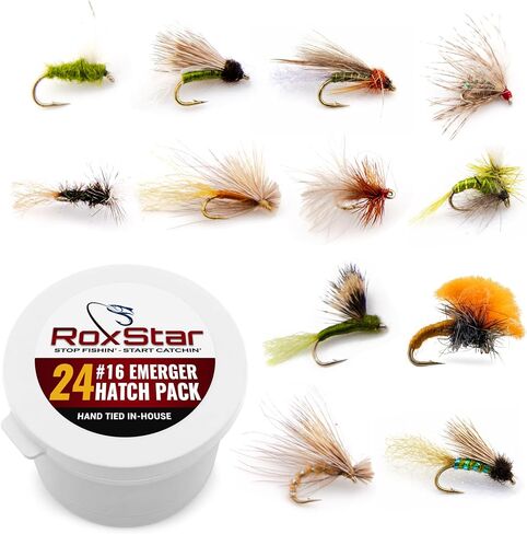 RoxStar Fly Shop Emerger Hatch Pack | 14 ذبابة Emerger Fly المميزة + عضوية لمدة عام في Trout Unlimited وRoxStar Club | ثبت ذبابة صيد الذباب! | مقيد في المنزل - لا يتم الاستعانة بمصادر خارجية أبدًا in Kuwait