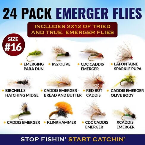 RoxStar Fly Shop Emerger Hatch Pack | 14 ذبابة Emerger Fly المميزة + عضوية لمدة عام في Trout Unlimited وRoxStar Club | ثبت ذبابة صيد الذباب! | مقيد في المنزل - لا يتم الاستعانة بمصادر خارجية أبدًا in Kuwait