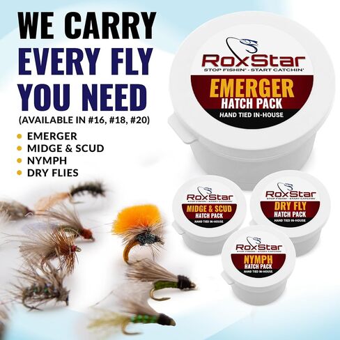RoxStar Fly Shop Emerger Hatch Pack | 14 ذبابة Emerger Fly المميزة + عضوية لمدة عام في Trout Unlimited وRoxStar Club | ثبت ذبابة صيد الذباب! | مقيد في المنزل - لا يتم الاستعانة بمصادر خارجية أبدًا in Kuwait