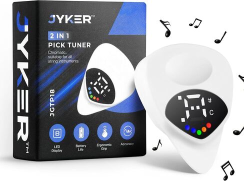 موالف اختيار الجيتار 2 في 1 - رقمي مع شاشة LED، ريشة 0.6 مم، 12 مزاجًا متساويًا، ضبط دقيق للقيثارات الكهربائية والصوتية، الجهير، القيثارة، الكمان، الجهير، البانجو، اللوني - Jyker USA in Kuwait