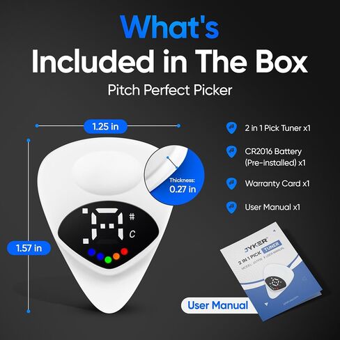 موالف اختيار الجيتار 2 في 1 - رقمي مع شاشة LED، ريشة 0.6 مم، 12 مزاجًا متساويًا، ضبط دقيق للقيثارات الكهربائية والصوتية، الجهير، القيثارة، الكمان، الجهير، البانجو، اللوني - Jyker USA in Kuwait