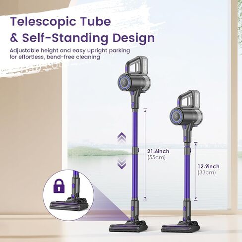 Suirviz Cordless Vacuum Cleaner, 40KPA/500W/35Mins, Powerful Suction with Green LED Dust Detection, Stick Vacuum Self-Standing, Lightweight Handheld Vacuum for Pet Hair, Carpet & Hard Floor, Purple in Kuwait