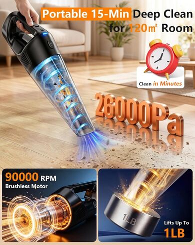 26000Pa Powerful Handheld Vacuum Cordless: 15-Min Quick Cleaning 120㎡ Rooms Portable 3H Fast Charging Dock 18-36 Min Runtime Brushless Motor - 1000mL Dust Cup One-Touch Emptying for Debris Pet Hair in Kuwait