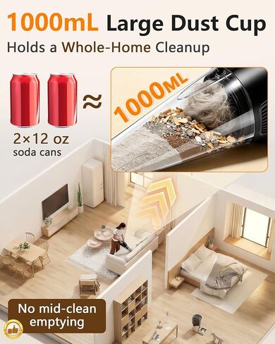 26000Pa Powerful Handheld Vacuum Cordless: 15-Min Quick Cleaning 120㎡ Rooms Portable 3H Fast Charging Dock 18-36 Min Runtime Brushless Motor - 1000mL Dust Cup One-Touch Emptying for Debris Pet Hair in Kuwait