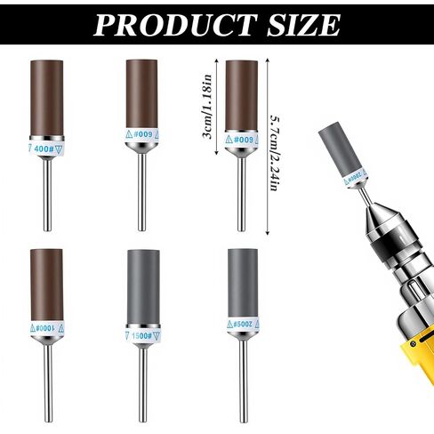 Nogeqi 6 Pcs 400-2000 Grit Sanding Bits for Rotary Tools, Sanding Drums for Rotary Tool with 1/8"(3mm) Shank, Sandpaper Sticks Set for Plastic Wood Metal Grinding Polishing in Kuwait