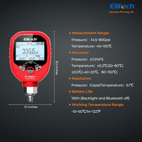مجموعة أدوات التشخيص والإخلاء الذكية من Elitech - PT-500PRO+ أجهزة قياس الضغط العالي المنخفضة وPT-800PRO+ مع مقياس فراغ VGW-Mini - تسخين تلقائي/تبريد فرعي، مجموعة متعددة للتحكم في التطبيق لإصلاح التيار المتردد in Kuwait