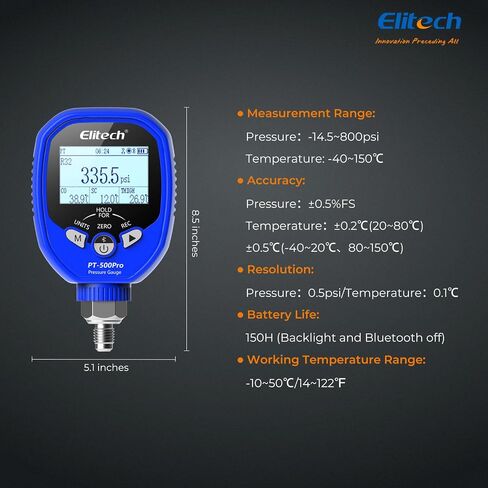مجموعة أدوات التشخيص والإخلاء الذكية من Elitech - PT-500PRO+ أجهزة قياس الضغط العالي المنخفضة وPT-800PRO+ مع مقياس فراغ VGW-Mini - تسخين تلقائي/تبريد فرعي، مجموعة متعددة للتحكم في التطبيق لإصلاح التيار المتردد in Kuwait