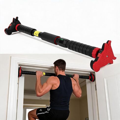 Pull Up Bar for Doorway - Adjustable No Screws Chin Up Bar for Home Gym, 440 LBS Max Load, with Level Meter & Anti-Slip Design for Strength Training,Red in Saudi Arabia
