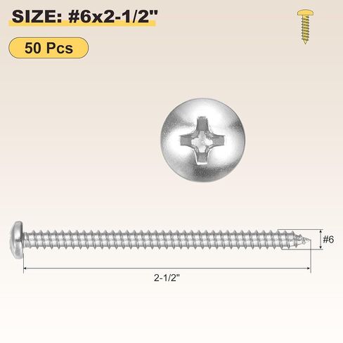 مسامير METALLIXITY Phillips Pan Head ذاتية التنصت (#6x2-1/2) 50 قطعة، برغي حفر ذاتي من الفولاذ المقاوم للصدأ 304 للبلاستيك والخشب المعدني، لأثاث الصخور في خزانة الحائط، لون فضي in Kuwait