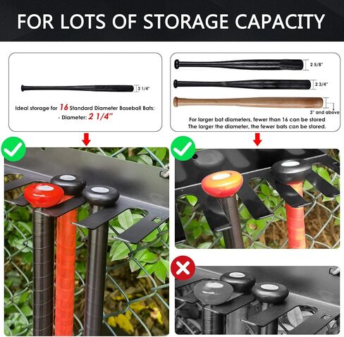 Aolamegs Heavy Duty Steel Baseball Bat Rack & Softball Organizer - Holds 16 Bats, Wall Mount Hanger & Dugout Fence Clip - Display & Storage Equipment Holder for Home Garage, Ballpark & Teams in Kuwait