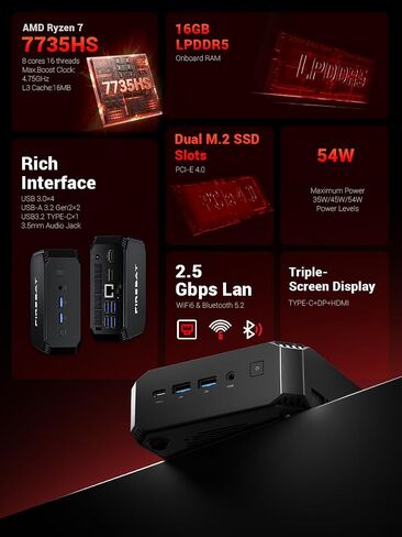 Oculink Mini PC Gaming 【A8】 ، Radeon 780M Graphics Card ، AMD Ryzen 8745HS (4.9GHz 8C/16T) ، 32GB (2X16GB) DDR5 RAM ، 1TB PCI in Kuwait