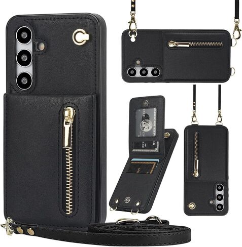 Crossbody Wallet Case for Samsung Galaxy S25 FE with Card Slots Holder, Women PU Leather Lanyard Strap [RFID-Blocking] Zipper Purse Cover with Kickstand for Galaxy S25 FE ZP Black in Saudi Arabia