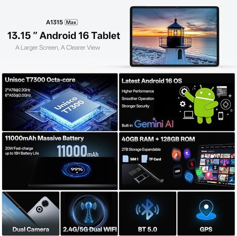 تابلت بشاشة كبيرة 13.4 بوصة يعمل بنظام Android 15 مع ثماني النواة، 24 جيجابايت + 256 جيجابايت، بطارية 10000 مللي أمبير في الساعة، شاشة FHD 1920 × 1200 مع حافظة واقية، كاميرا 8 ميجابكسل + 13 ميجابكسل، 2.4 جيجا/ 5 جيجا واي فاي + BT5.0 + نظام تحديد المواقع in Kuwait