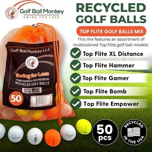 Golf Ball Monkey Cheap Recycled Top Flite Golf Balls Multicolor 50 Pack in Good Condition w/Mesh Bag - Used Top Flite XL Golfballs, Hammer, Empower, & More - Used Top Flight Balls for Men & for Women in Kuwait