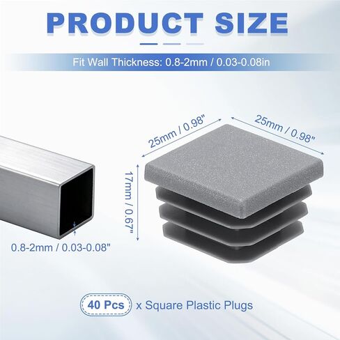 MECCANIXITY 40Pcs Square Plastic Plugs, 1x1(25x25mm) Fits 0.03-0.08''(0.8-2mm) Wall Thickness, Tubing End Caps Insert End Caps for Furniture Legs Fence Posts Industrial Tubing, Deep Grey in Kuwait
