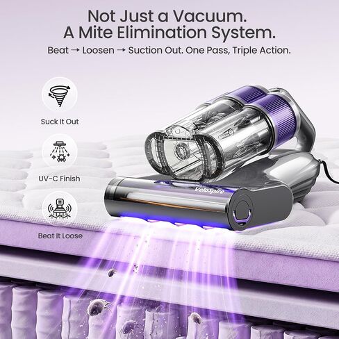 Bed Vacuum Cleaner, 20kPa Handheld Mattress Vacuum Cleaner with 253.7nm UV-C Light, Ultrasonic & 149°F Heating, Triple-Cup, Pet Hair Brush for Cleaning Bed, Sofa, Corded 650W in Kuwait
