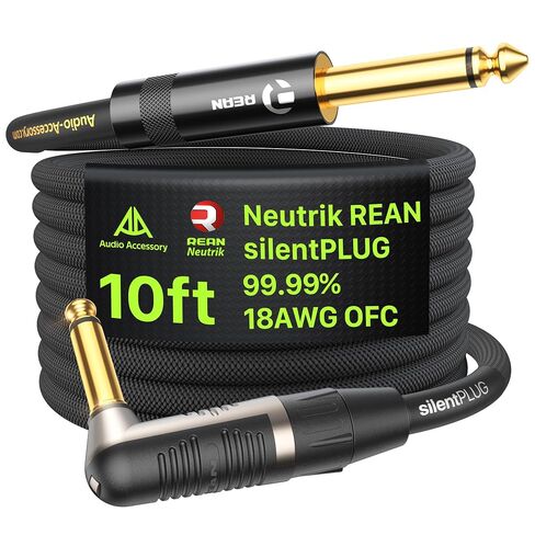 كابل جيتار صامت من سلسلة AA AUDIO ACCESSORY بطول 10 أقدام، 18 AWG 99.99% OFC نايلون مضفر، مطلي بالذهب، كابل Neutrik REAN SilentPLUG كتم صوت تلقائي 1/4، جيتار سريع التبديل بدون فرقعة in Kuwait