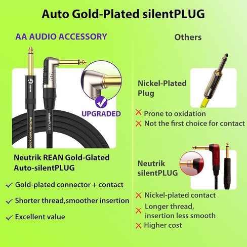 كابل جيتار صامت من سلسلة AA AUDIO ACCESSORY بطول 10 أقدام، 18 AWG 99.99% OFC نايلون مضفر، مطلي بالذهب، كابل Neutrik REAN SilentPLUG كتم صوت تلقائي 1/4، جيتار سريع التبديل بدون فرقعة in Kuwait