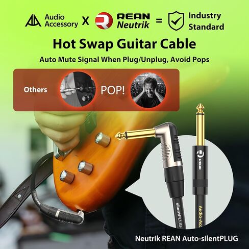 كابل جيتار صامت من سلسلة AA AUDIO ACCESSORY بطول 10 أقدام، 18 AWG 99.99% OFC نايلون مضفر، مطلي بالذهب، كابل Neutrik REAN SilentPLUG كتم صوت تلقائي 1/4، جيتار سريع التبديل بدون فرقعة in Kuwait
