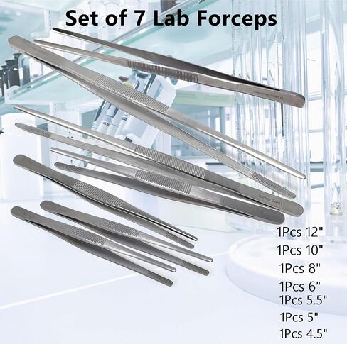 A2ZSCILAB 7Pcs General Application Lab Forceps Multipurpose Tweezers Set Includes 4.5", 5", 5.5", 6", 8", 10", 12" Pincers with Blunt Serrated Broad Strong Tips, Stainless Steel in Kuwait