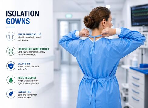 Isolation Gowns | 100-Pack | Disposable, Large, Blue SMS, Long Sleeves with Knit Cuffs, Waist & Neck Ties | Residential, Commercial, Medical, Dental, Lab, & Hospital Use (10) in Saudi Arabia