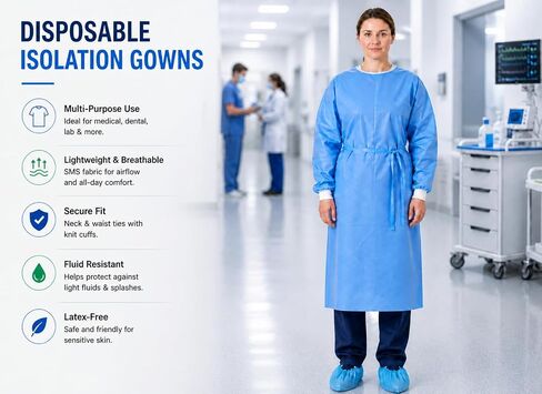 Isolation Gowns | 100-Pack | Disposable, Large, Blue SMS, Long Sleeves with Knit Cuffs, Waist & Neck Ties | Residential, Commercial, Medical, Dental, Lab, & Hospital Use (10) in Saudi Arabia