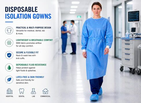 Isolation Gowns | 100-Pack | Disposable, Large, Blue SMS, Long Sleeves with Knit Cuffs, Waist & Neck Ties | Residential, Commercial, Medical, Dental, Lab, & Hospital Use (10) in Saudi Arabia