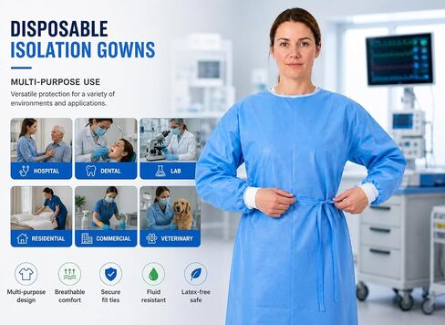 Isolation Gowns | 100-Pack | Disposable, Large, Blue SMS, Long Sleeves with Knit Cuffs, Waist & Neck Ties | Residential, Commercial, Medical, Dental, Lab, & Hospital Use (10) in Saudi Arabia