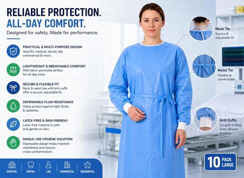 Isolation Gowns | 100-Pack | Disposable, Large, Blue SMS, Long Sleeves with Knit Cuffs, Waist & Neck Ties | Residential, Commercial, Medical, Dental, Lab, & Hospital Use (10) in Saudi Arabia