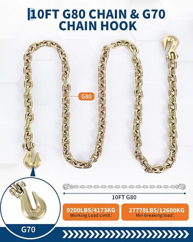 G80 Chain and Binder Kit,2 Sets 5/16"-3/8" Ratchet Load Binders and 10FT Steel Chains, 9200lbs WLL, Industrial Tie Down Equipments for Hauling Towing in Kuwait
